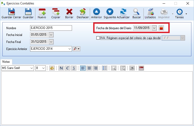Bloqueo del diario desde la ficha del ejercicio