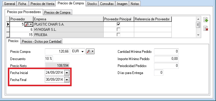 Fechas inicio y fin de precio de proveedor Fechas inicio y fin de precio de proveedor