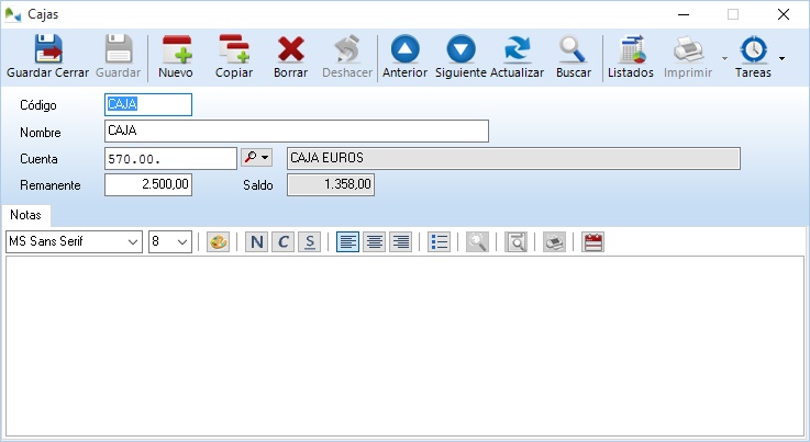 Ficha de Cajas en OfiPro Contabilidad