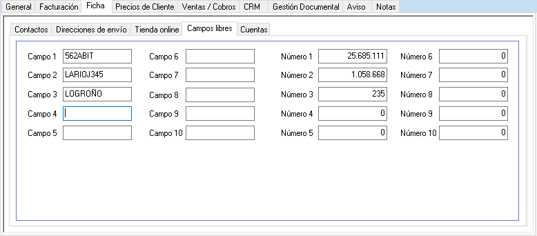 Campos libres en la ficha del cliente