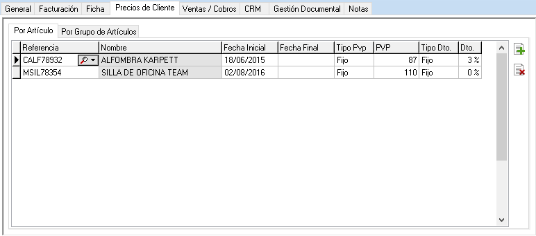 Precios y descuentos de cliente por artículo en OfiPro