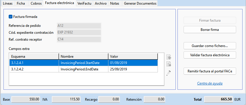 Apartado factura electrónica en la ficha de facturas