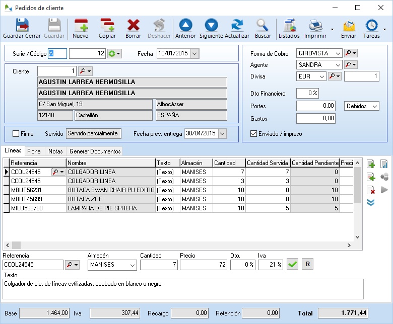 Ficha de pedido de cliente en OfiPro Ficha de pedido de cliente en OfiPro