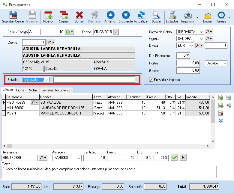 Ficha de un presupuesto en OfiPro Ficha de un presupuesto en OfiPro