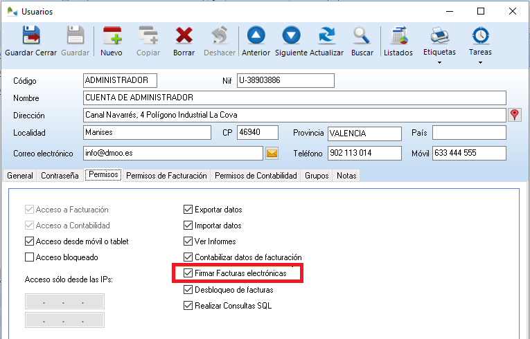 Active el permiso Firmar facturas electrónicas Active el permiso Firmar facturas electrónicas