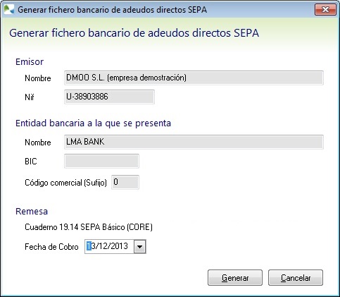 Genere el fichero bancario para adeudos directos SEPA