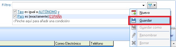 Guardar filtro desde el menú contextual Guardar filtro desde el menú contextual