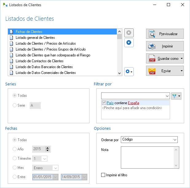Ejemplo de filtro en la ventana de listados de clientes Ejemplo de filtro en la ventana de listados de clientes