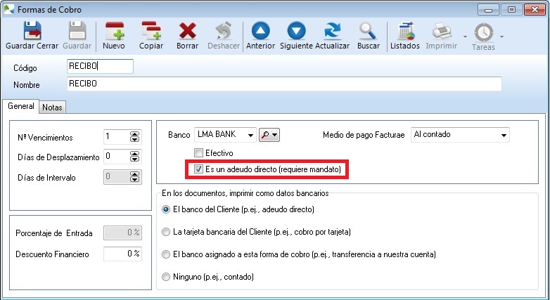 Nueva casilla que identifica la forma de cobro como adeudo directo