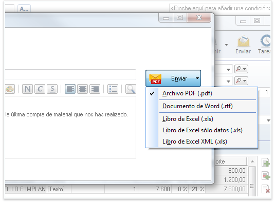 Seleccione el formato del documento o fichero, en el momento de enviarlo o guardarlo