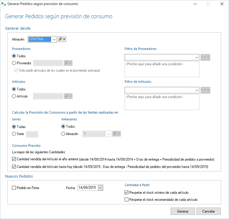 Generación de pedidos según previsión de consumos