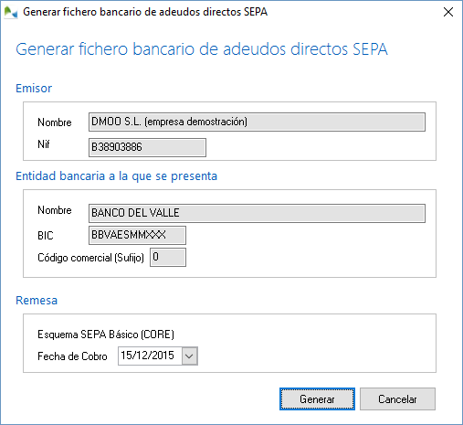Generar Fichero Bancario de Adeudos directos SEPA