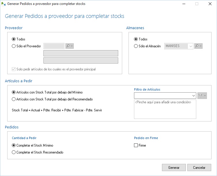 Generación automática de pedidos para completar stocks