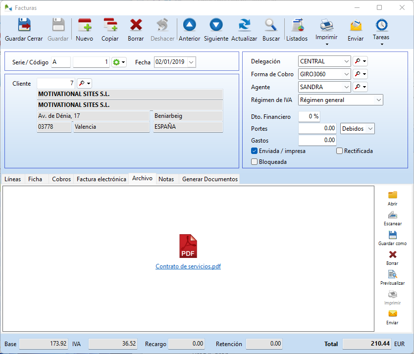 Archivo pdf guardado en una factura