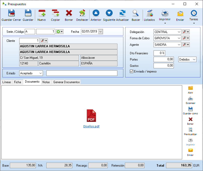 Gestión documental en Presupuestos y Pedidos