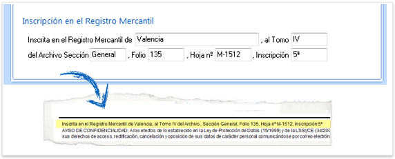 Configuración de los datos de la Inscripción en el Registro Mercantil e impresión al pie de un documento