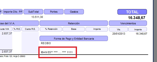 Impresión de IBAN en una factura