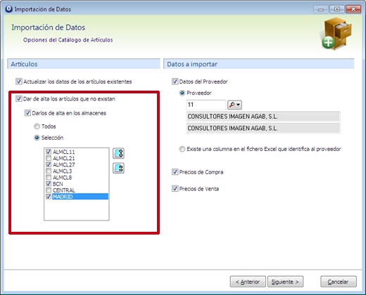 alta de nuevos articulos en almacen