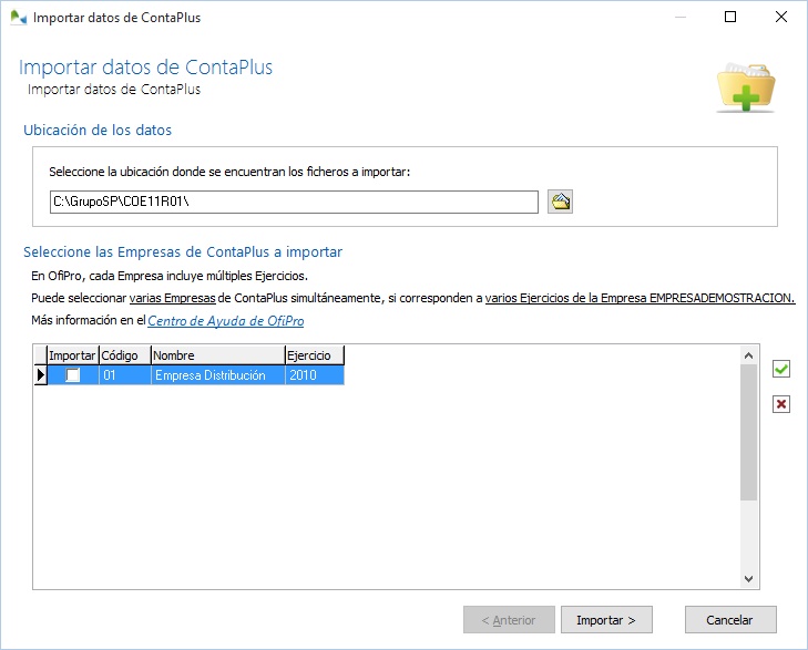Seleccione los ejercicios a importar a OfiPro