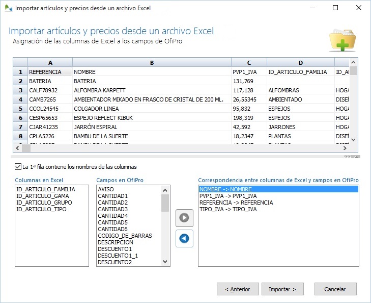 Establezca la correspondencia entre los datos del fichero y los campos de OfiPro Establezca la correspondencia entre los datos del fichero y los campos de OfiPro