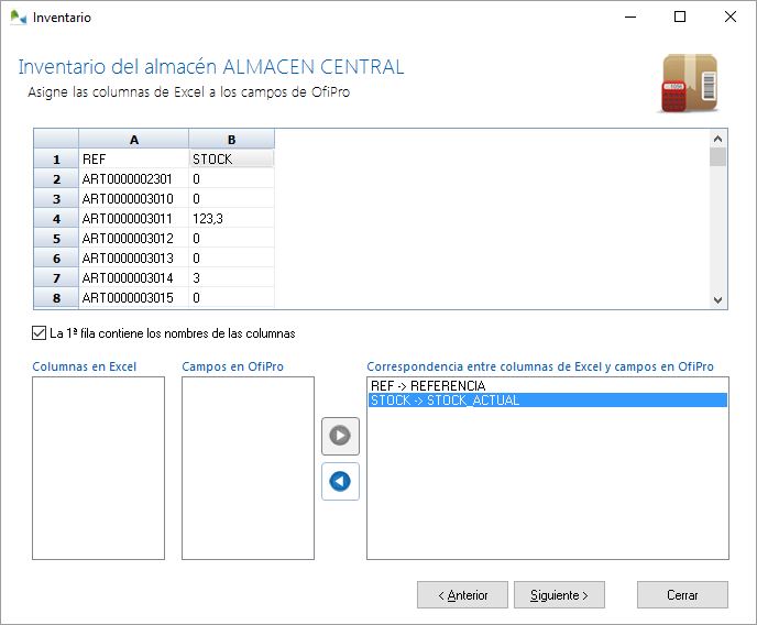Importando el inventario desde Excel