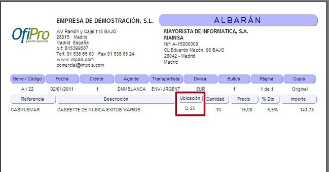 Impresión de albaranes con impresión de ubicacion