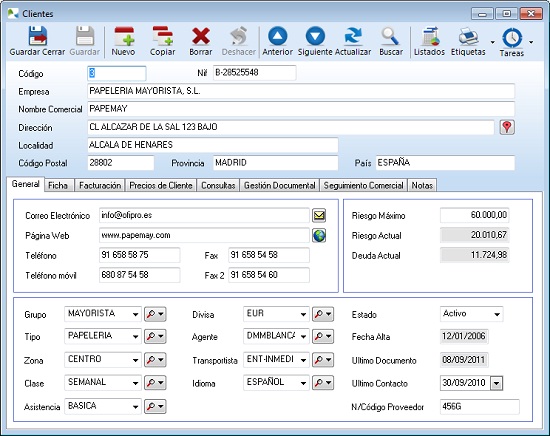 La ficha de clientes en OfiPro