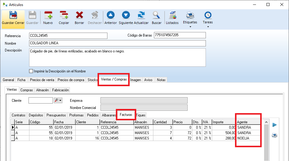 El campo Agente, añadido en la lista de líneas de facturas, se visualiza también en la lista de facturas de las fichas de Artículos.