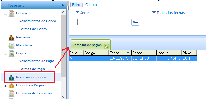 Nueva opción Remesas de pagos, en el grupo Tesorería