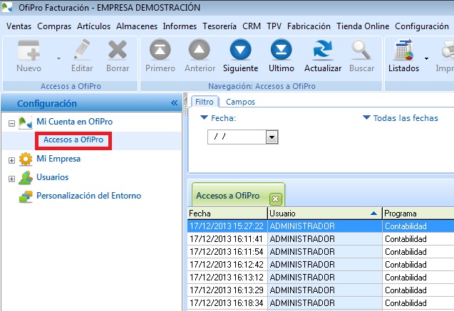 Accesos de usuario a OfiPro