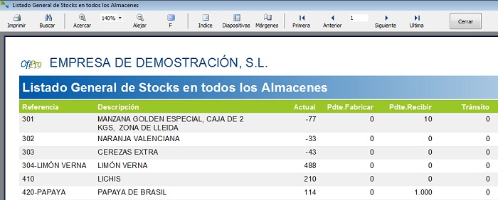 Aspecto de un listado previsualizado en OfiPro
