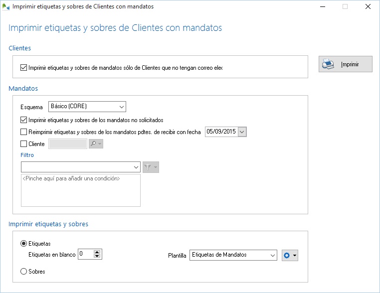 Impresión de etiquetas y sobres de clientes con mandatos