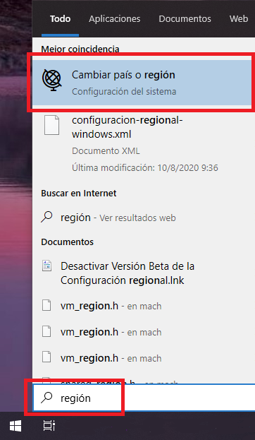 Teclee "región" en el menú de inicio de Windows