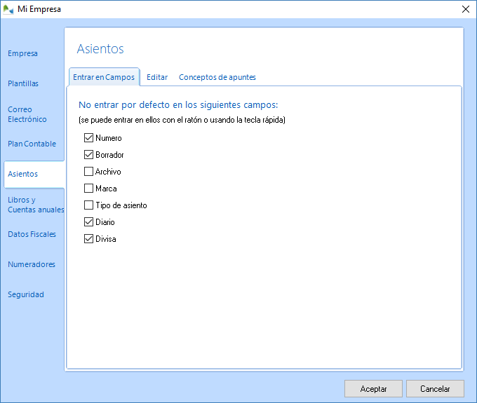 Indique en que campos no entrar al dar de alta asientos