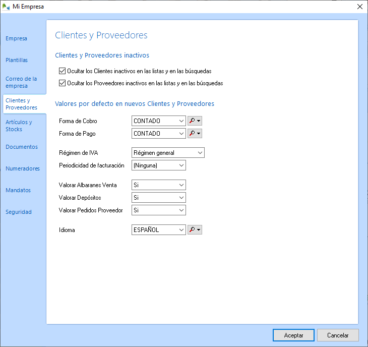 Asigne valores por defecto para nuevos Clientes y Proveedores