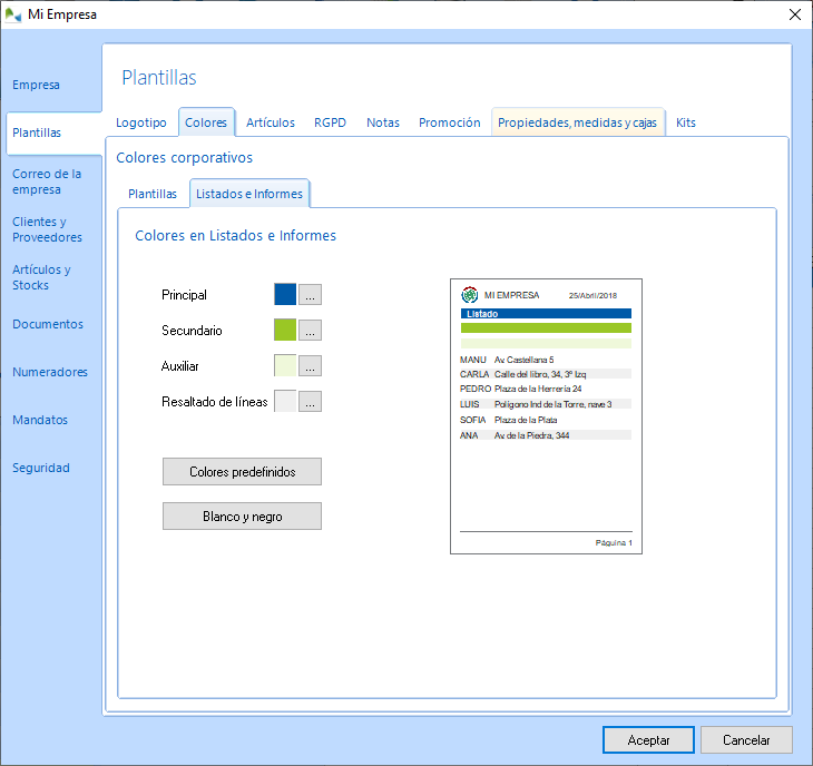 Seleccione colores corporativos para Listados e informes