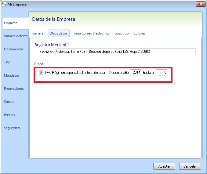 Configuración de 'Mi Empresa' para Régimen de IVA del Criterio de Caja