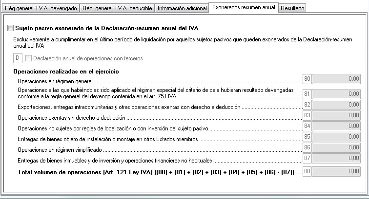 Pestaña del modelo 303 para exonerados del resumen anual