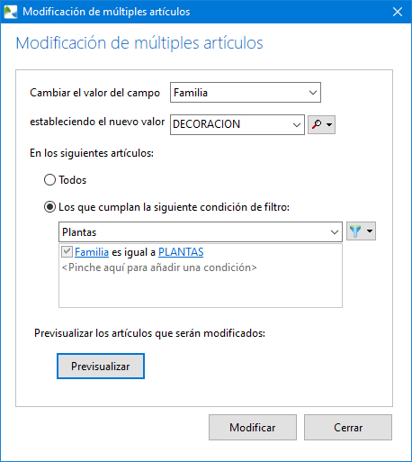 Modificación del campo familia en mútiples artículos