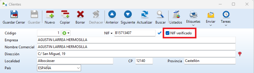Ficha de un Cliente con el NIF verificado