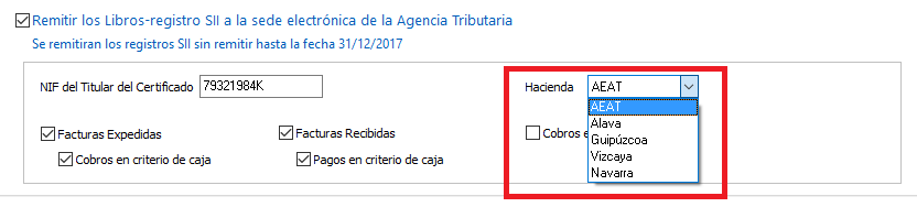 Seleccione la Hacienda a la que se enviarán los registros del SII