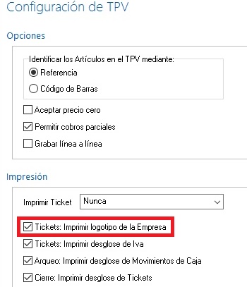 Active la impresión del logotipo en los tickets