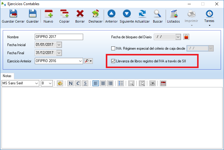 Casilla SII en la pantalla de Ejercicios