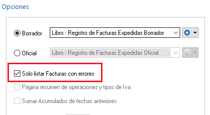 Modo borrador del Libro-registro de Facturas: Visualizar solo Facturas con errores