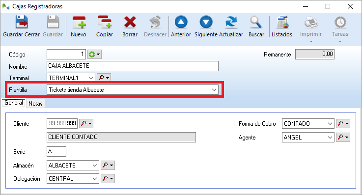 Formato de impresión opcionalmente configurable por cada caja registradora
