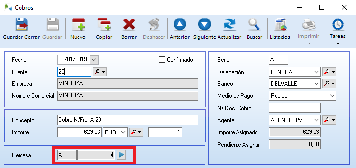 Ficha de un Cobro, acceso rápido a su Remesa