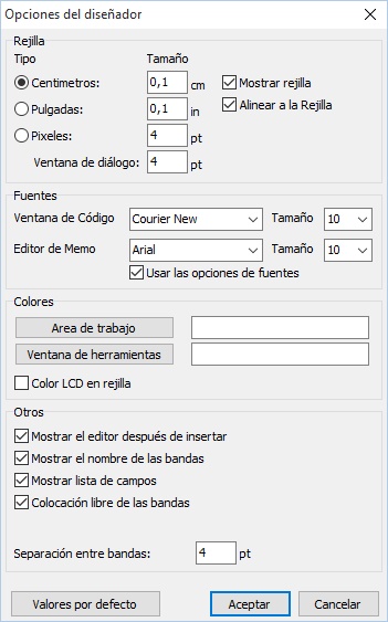 Opciones del diseñador de informes Opciones del diseñador de informes