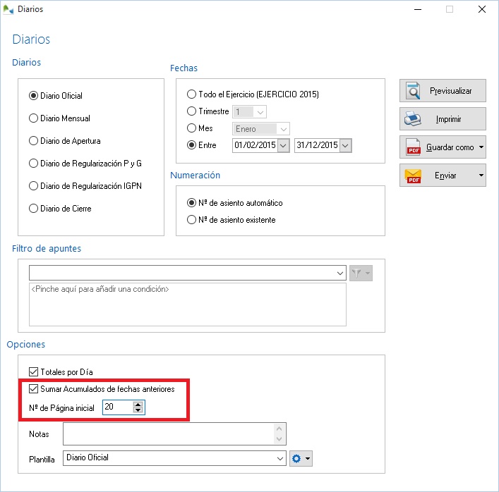 Opciones impresion diario