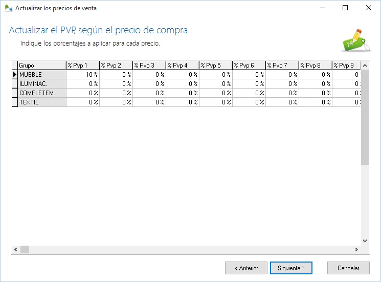 Pantalla de actualización de precios