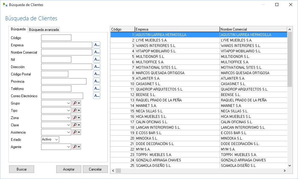 Pantalla de busqueda de clientes en OfiPro